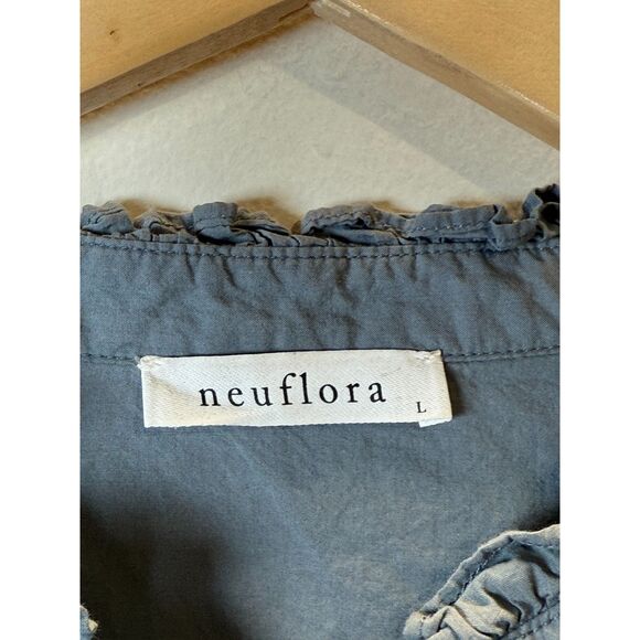 Neuflora Blakely Dusty Blue Cotton Top Women’s Size Large Ruffle Neck Everyday - Picture 6 of 9